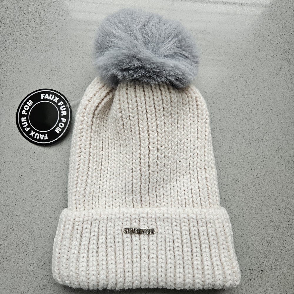 Steve Madden Cream Knit Hat with Gray Pom